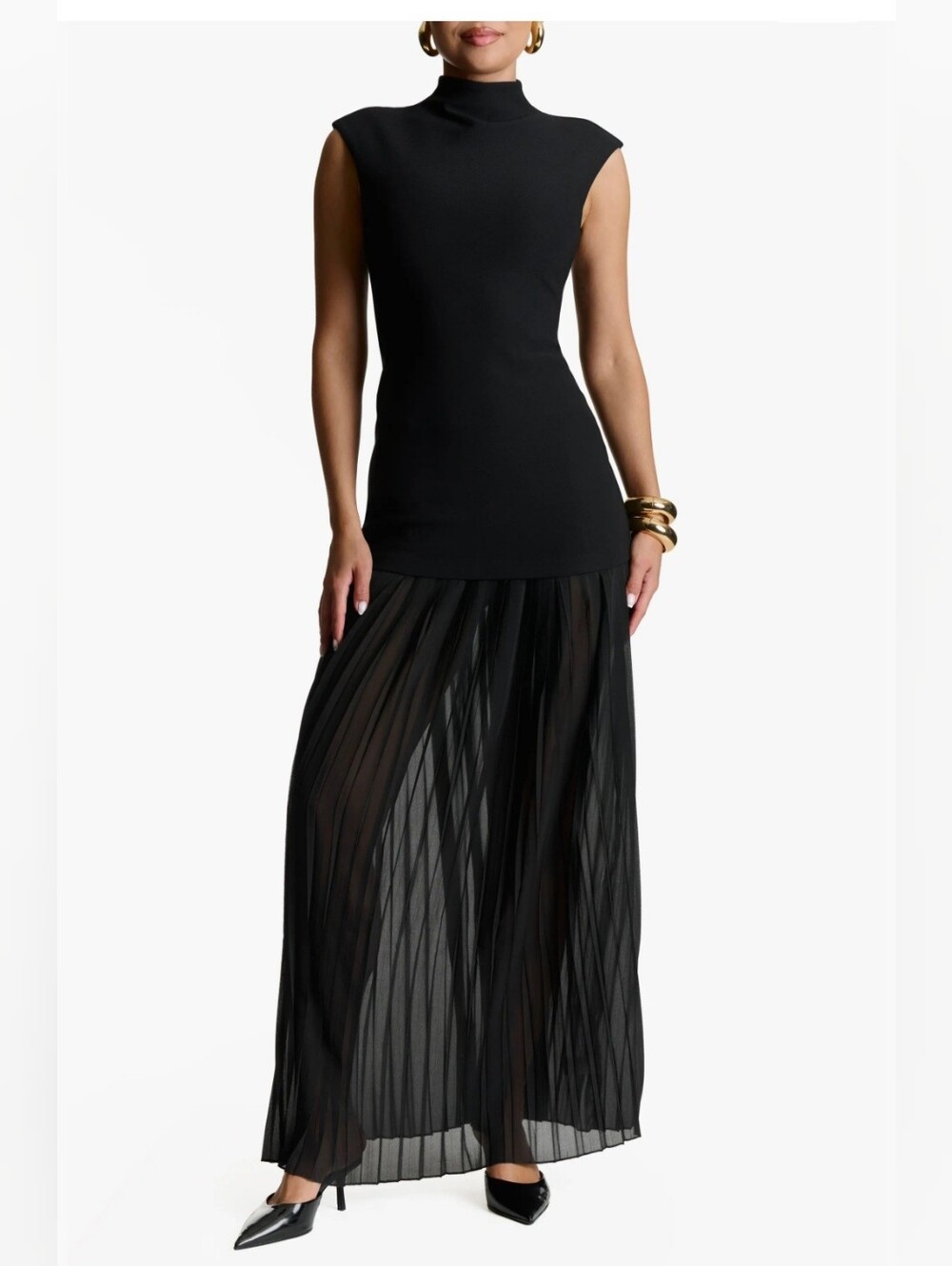 Naked Wardrobe Black Pleated Maxi Dress | Size M | NWT | Mock Neck